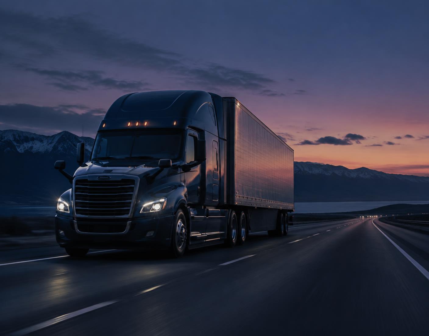 Semi truck traveling a highway at dusk